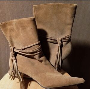 WOMENS PREDICTION MID CALF LEATHER BOOTS STACKED 2.5" HEELS BROWN 9